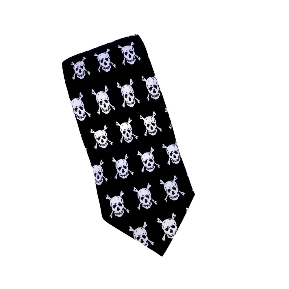 Vintage Addiction Silk Necktie Skull Crossbones‎ Gothic Punk Y2K Halloween Black